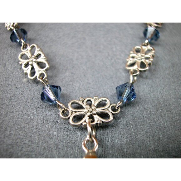 Blue Agate Pendant Necklace W/ Silver Floral Links & Beads - Picture 4 of 5